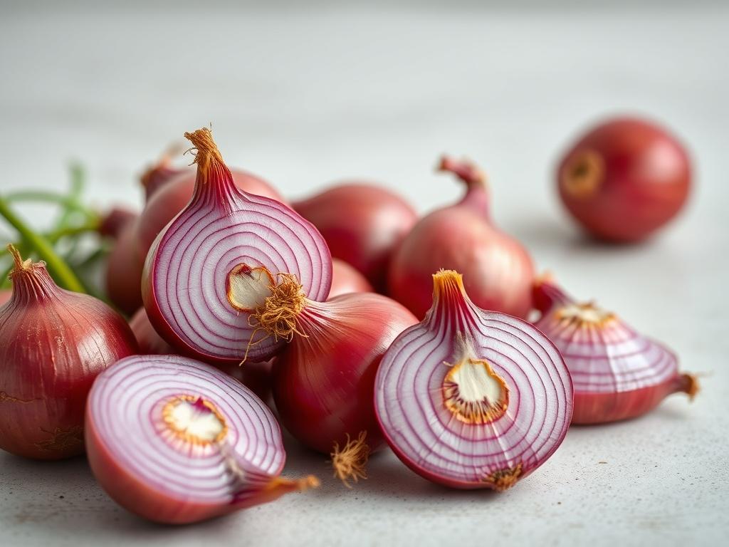 A hyper realistic close up of fresh red onions arranged